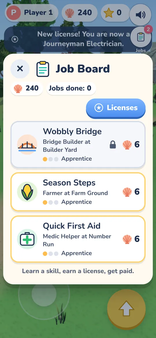 The Job Board: take a job, earn shells, and see your licenses