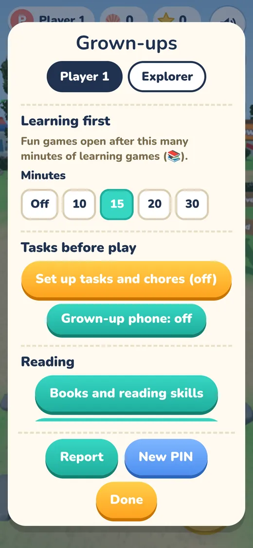 The Grown-ups screen with Learning first set to 15 minutes, and Tasks before play