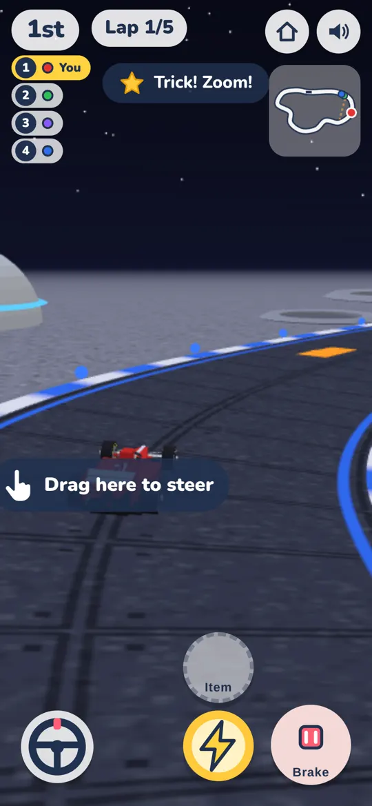Kart racing on the low-gravity Moon Base track