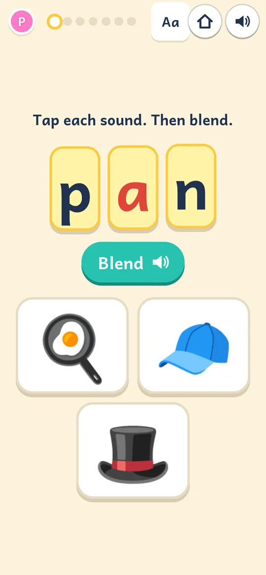Reading Nook: tap each sound in pan, then blend, and pick the picture