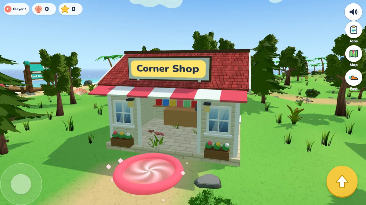 The Corner Shop with a red roof, an awning, windows, and planters