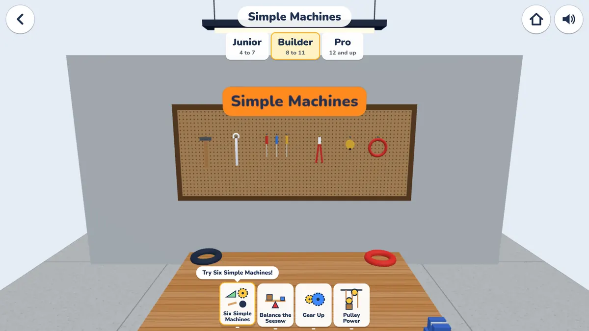 The Simple Machines bench in the Engineering Lab, with tools on a pegboard