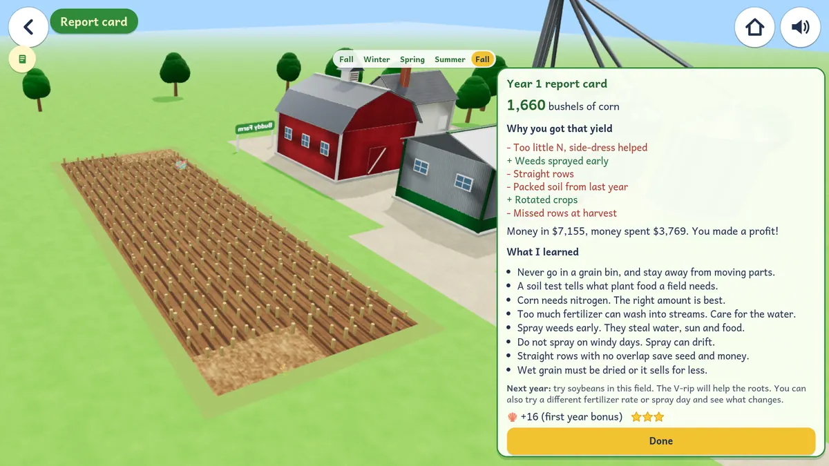 The year 1 report card with bushels of corn, why the yield came out that way, and what the kid learned