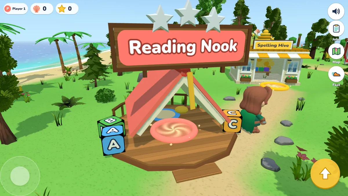 Buddy outside the Reading Nook, with letter blocks by the door and the Spelling Hive behind it
