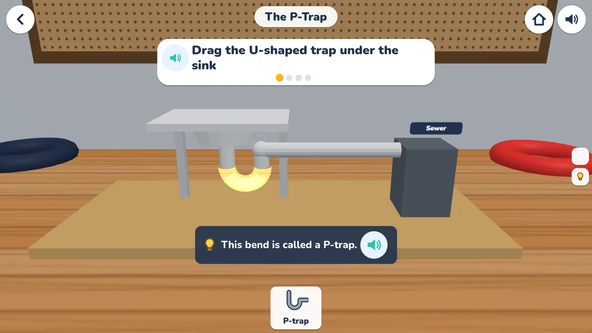 The Plumbing station: drag the P-trap under the sink