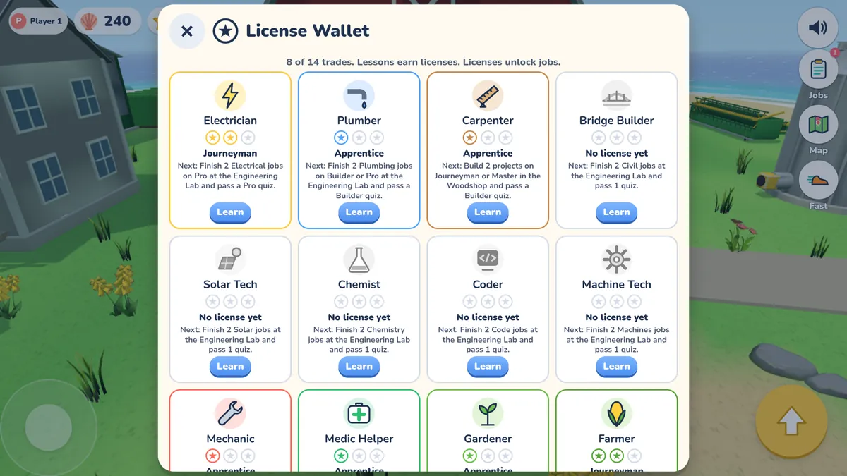 The License Wallet showing trades like Electrician, Plumber, Carpenter, and Farmer, each with 3 stars for its level